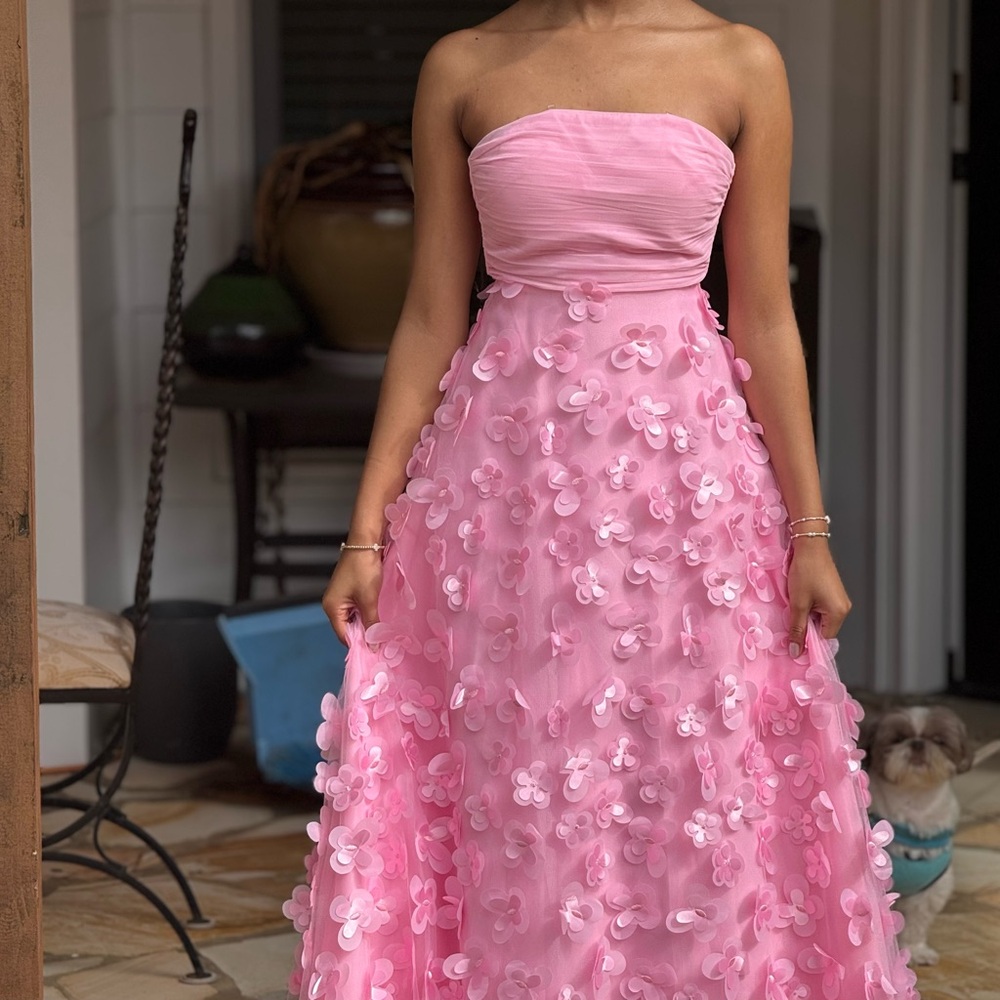 Elegant Pink Strapless Gown with Floral Details